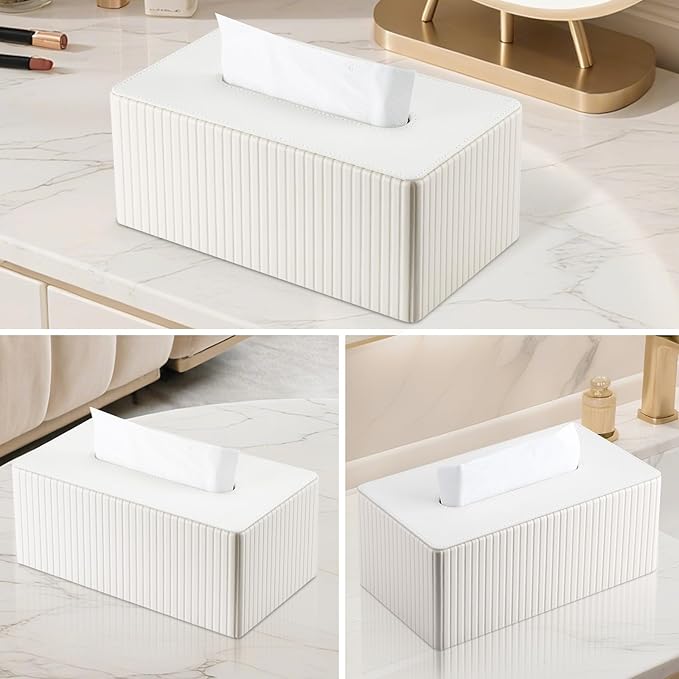 KINGFOM PU Leather Tissue Box Cover Rectangular Tissue Box Holder with Magnetic Bottom, Napkin & Facial Tissue Holder Dispenser for Home, Office (Decorative Pattern-PU Leather, Off-White Stripe)