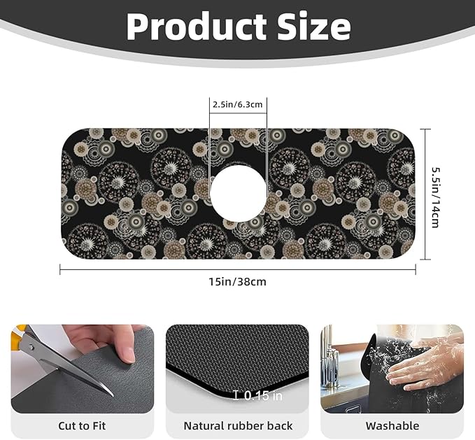 Paisley Mandala Brown And Black Floral Kitchen Sink Splash Guard Faucet Mat Super Absorbent Fast Drying Mat Sink Gadgets-Fast Drying Pad Sink Mat For Kitchen Bathroom (15" X 5.5" )