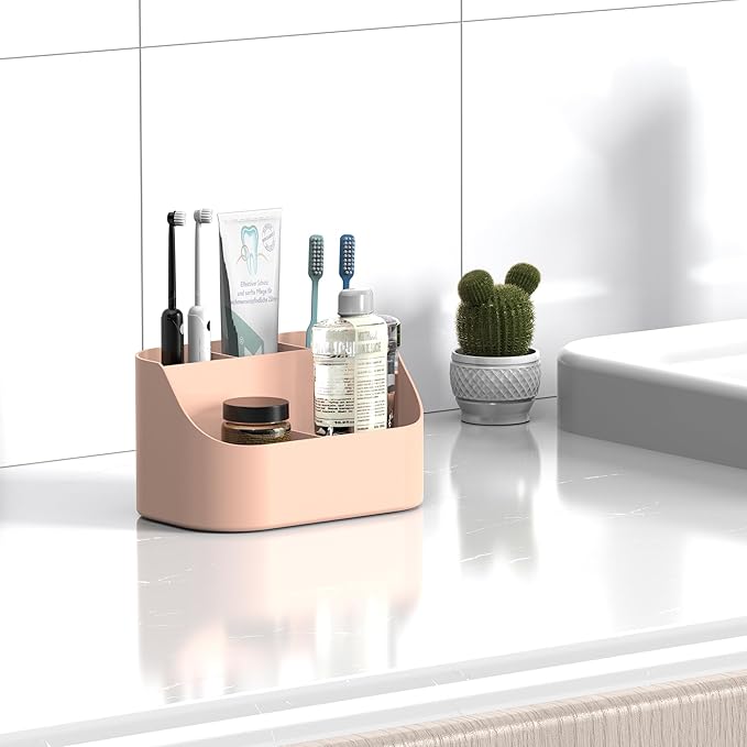 Toothbrush Holders for Bathrooms, Toothpaste and Electric Tooth Brush Holder Storage Caddy for Shower, 5 Slots Cute Bathroom Countertop Makeup Organizer for Vanity, Pink Bathroom Accessories Decor