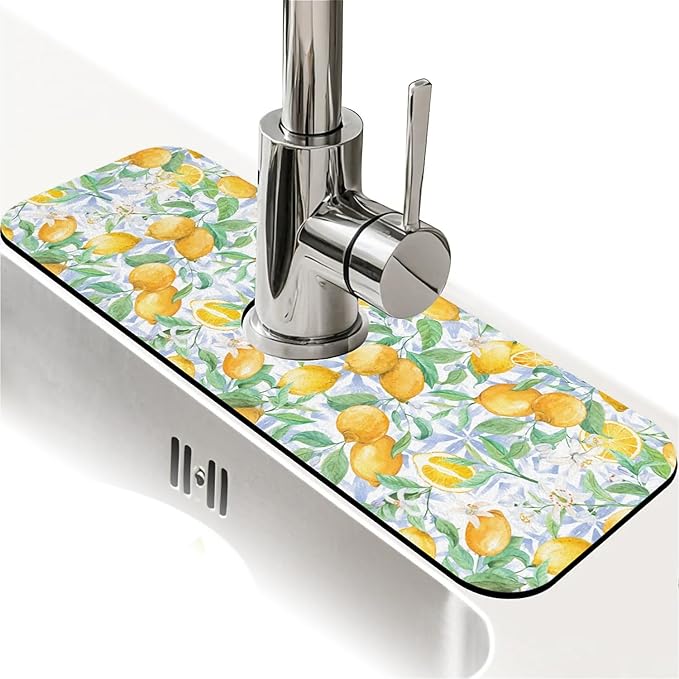 Faucet Draining Mat For Kitchen Sink, Yellow Lemons And Blue Tiles Diatom Mud Absorbent Drain Pad For Bathroom Kitchen Sink Splash Guard Drying Mat