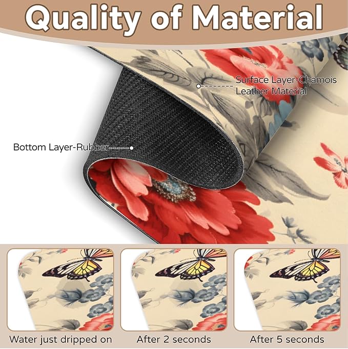 Vintage Floral Butterfly Kitchen Faucet Mat Splash Guard, 15.4”x5.7” Absorbent Quick Drying Sink Mat for Countertop Protection, Draining Mat Sink Protectors For Kitchen Bathroom, 1 Pack