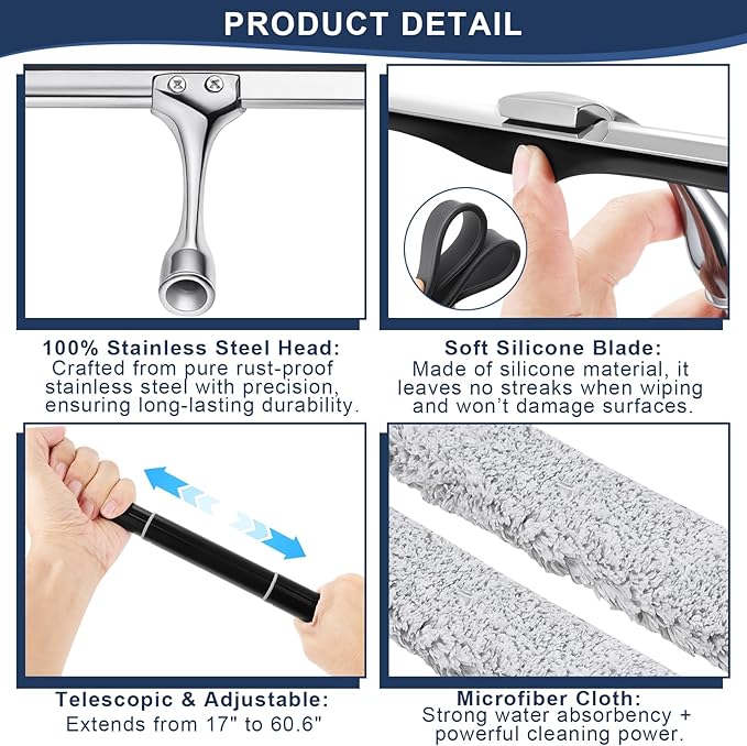 17'' - 62'' Metal Squeegee with Extension Pole for Window,Glass Door,Mirror, 12'' Wide Telescopic Shower Squeegee Cleaner with Long Handle (62'' Squeegee)