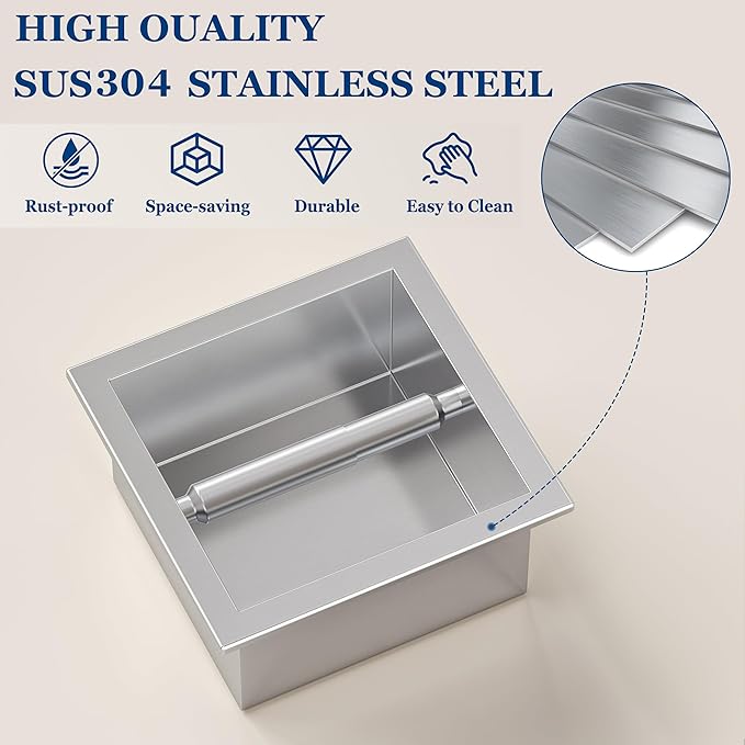 Toilet Paper Holder, SUS 304 Stainless Steel Recessed Toilet Paper Holder Built-in, in Wall Toilet Paper Wall Holder for Bathroom, Brushed Nickel