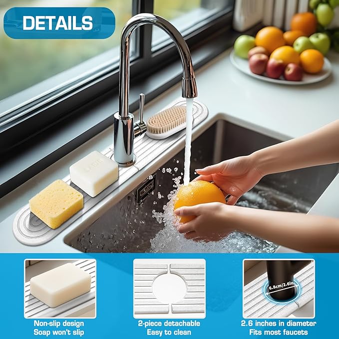 Diatomite Stone Faucet Mat For Kitchen Sink-Absorbent Fast Drying Stone Sink Tray,Faucet Splash Guard Counter,Quick Dry Sink Mat Around Faucet For Kitchen & Bathroom (white-Oval,23.6" x 4")