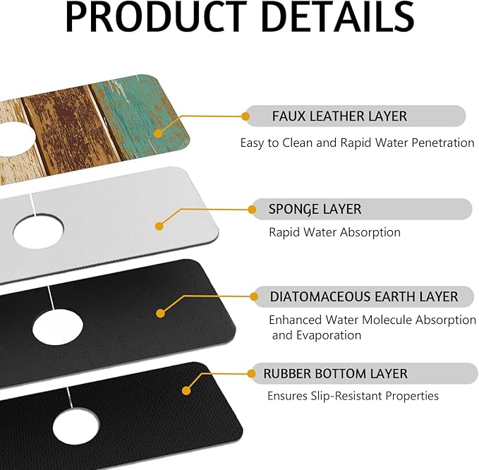MCALK Wood Pattern Teal Kitchen Sink Faucet Mat Splash Guard, Absorbent Quick-Dry Kitchen Sink Mat - Ideal for Splash Guard & Drip Catching with Farmhouse Art Decor( 1pc 15"x5.5")