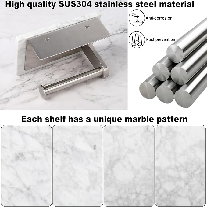 Toilet Paper Holder with Natural Marble Shelf for Bathroom Washroom,Wall Mounted Tissue Holder Suitable for Mega Roll (Brushed Nickel,Small 6.7 * 4.3 in)