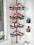 KEGII Set of 2 Wall Mount Toothbrush Holders with Tension Pole Shower Caddy, Rustproof Bathroom Organizer with Soap Holder & Hooks, 4 Adjustable Shower Shelves for Renters, 25-114.2 inch Black