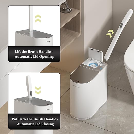 Small Automatic Trash Can with Lid and Disposable Toilet Brush Holder Set, Motion Sensor Trash Can 1.8 Gallon, Small Bathroom Garbage Can, Odor Filter, Touchless Stainless Steel Silver