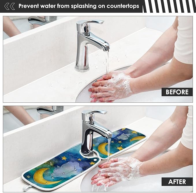 Sink Faucet Absorbing Mat Kitchen Sink Splash Guard Splash Faucet Drip Catcher for Bar RV Bathroom 2PCS 14.9x5.5in Watercolor Moon Star Green