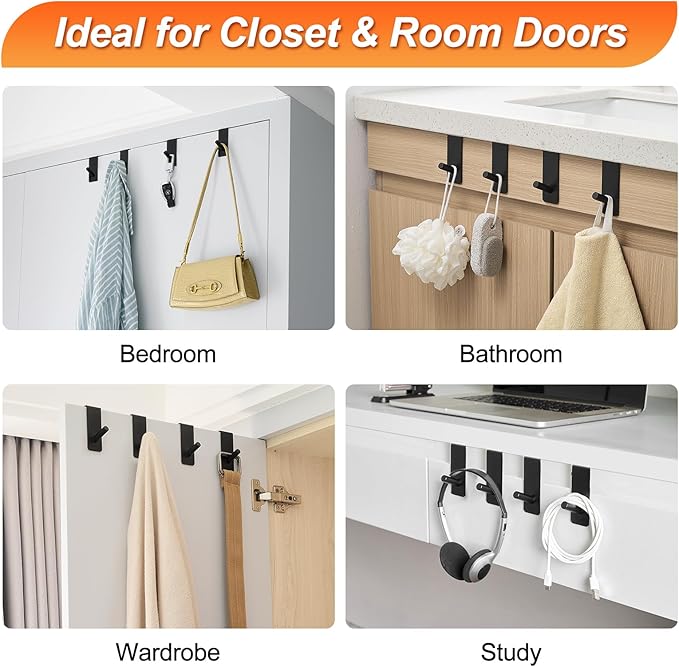 ARTOYS Over The Door Hooks (4 Pack) - Heavy Duty 20mm Wide Hangers for Thick Doors, Holds 50Lbs - EVA Foam Padded No-Scratch Hooks for Cabinets & Closets, Black