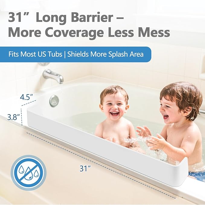 2.6-Ft Bathtub Splash Guard for Tub Kids, Silicone Splash Shield with 11 Suction Cups, Toy Tray Shelf, No Spill Water Barrier, Prevents Mess, Fun Bathtime for Toddlers Baby–White