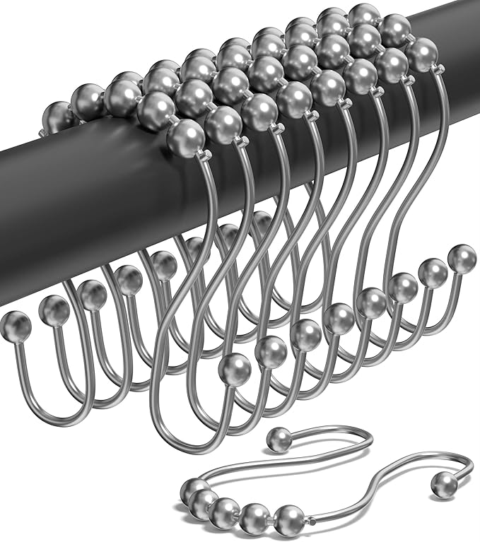 Shower Curtain Hooks Rust Proof (Set of 12) - Stainless Steel Shower Curtain Rings - Anti Slip Roller Balls for Easy Glide (Omega Double Hooks, Chrome)