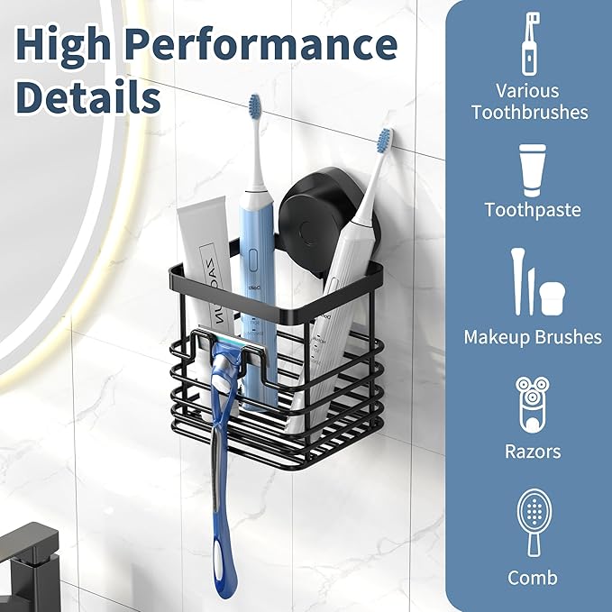 ZUNTO Suction Cup Toothbrush Holder for Bathroom Essentials - Wall-Mounted Suction Shower Caddy, Waterproof & Rustproof, Stylish Matte Black Design for Toothbrushes, Toothpaste, and Facial Cleansers