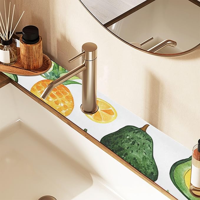 Cartoon Green Avocados Pineapples Kitchen Sink Splash Guard Faucet Mat Diatomite Absorbent Pad for Bathroom RV 14.7x5.4in 1PCS water