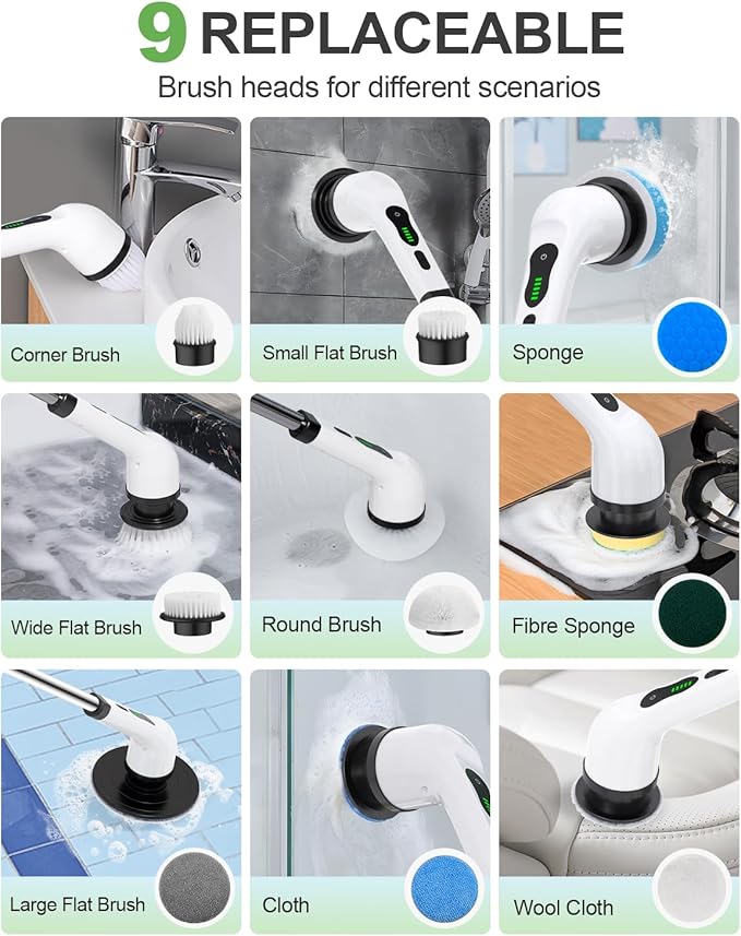 Electric Spin Scrubber, Cordless Cleaning Brush, Shower Scrubber IPX7 Waterproof Bathroom Scrubber, Adjustable Extension Handle, Floor Polishers 7 Heads 2H Power Dual Speed for Floor Car Cleaning.