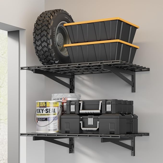 2 Pack Heavy Duty Garage Wall Shelving Set, 2x3ft, Black, Wall Mounted, Traditional Style, 2 Shelves, 700lbs Capacity