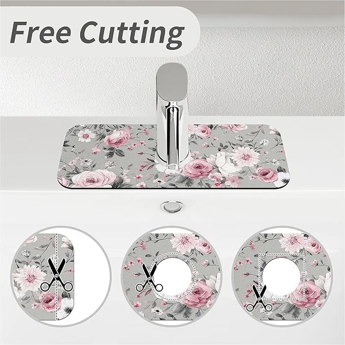 Kitchen Sink Splash Guard，Gray and pink floral Faucet Mat Sink Gadgets-Super Absorbent Fast Drying Mat Drip Catcher for Kitchen, Bathroom,Sink Mat, Dish Drying Mat, Bathroom(15" X 5.5" )