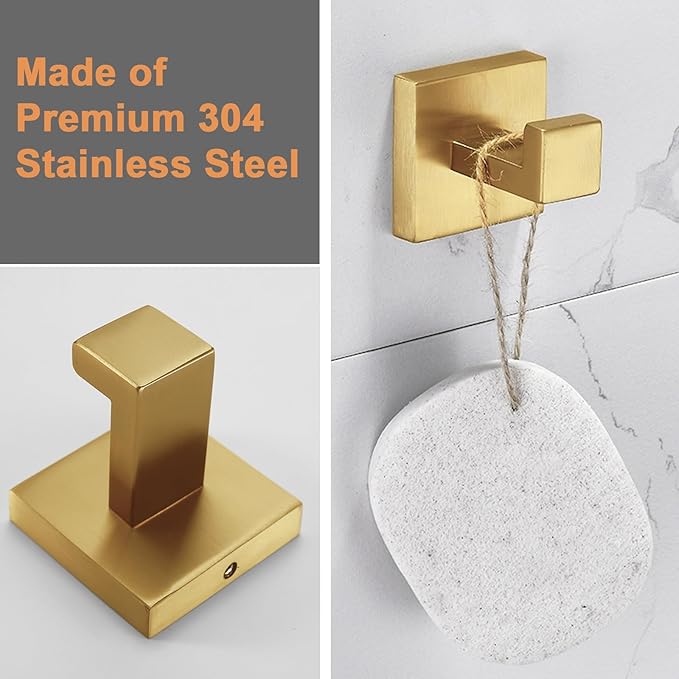 Nolimas Towel Hook Stainless Steel Bathroom Rustproof Clothes Towel Coat Hook Wall Mounted Square Toilet Kitchen, Heavy Duty Door Hanger, 2 Pack, Brushed Gold