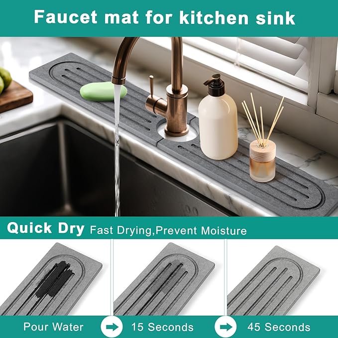 23.6”Drying Stone Faucet Mat for Kitchen Sink-Diatomite Quick Dry Kitchen Sink Splash Guard, Water Absorbent Diatomite Stone Tray,Durable Protector for Bathroom Counter (Grey, 23.6" X 3.9")