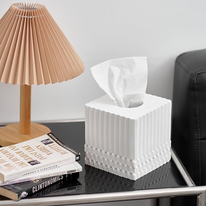 White Tissue Box Cover Square, Tissue Box Holder for Bathroom Countertop,Vanity, Tabletop, Bedroom Night Stand,Office and Living Room Decorative - Modern Geometric Striped Tissue Paper Dispenser