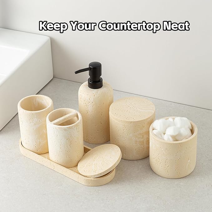 Bathroom Accessories Set, Travertine Stone-Look, 6 PCS Bathroom Accessory Set with Soap Dispenser, Toothbrush Holder, Tumbler, Vanity Tray, Cotton Swab Jars for Countertop (Yellow)