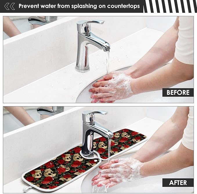 2 PCS Kitchen Sink Splash Guard 14.9 Inch Faucet Mat for Kitchen Sink Bathroom Sink Faucet Absorbing Drip Drain Mat Pad Microfiber Soft Washable Black Mexico Skulls and Red Roses
