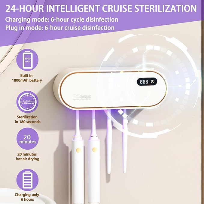 Toothbrush Holders for Bathrooms,Electric Toothbrush Holder with 24-Hour Smart Cycle Cleaning and hot air Drying, LED Display, Rechargeable Wall Mounted Tooth Brushing Holder (White)
