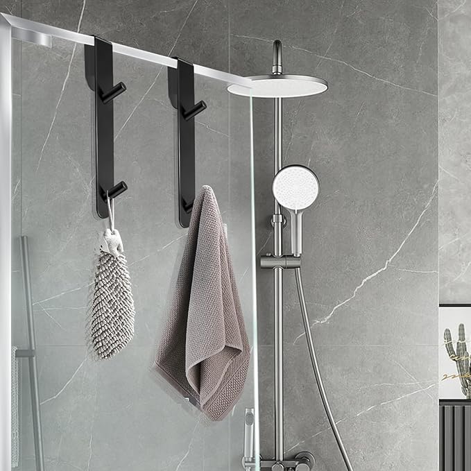 Over The Shower Door Hooks,2 Pack Removeable Double Bathroom Shower Hanger for Frameless Glass Door Hanging Bathrobe Towel,Extended Black Stainless Steel Heavy Duty Drill Free Holder 7.1 Inch 12mm