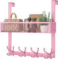Consumest Over The Door Hooks Organizer - Over Door Hanger with 16 Hooks & 2 Baskets for Hanging Coat, Clothing, Towel, Back Storage for Bathroom, Closet, College Dorm, Pink