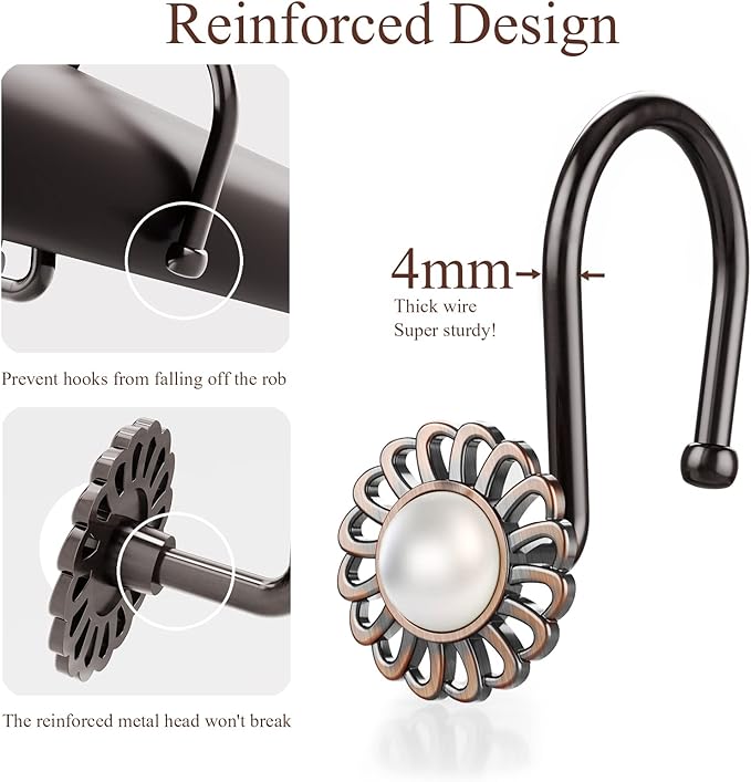 Oil Rubbed Bronze Shower Curtain Hooks, Decorative Sunflower Shower Curtain Rings for Bathroom Shower Curtain Rods and Liner,Metal Shower Hooks, Floral Pearl Shower Rings for Curtain Set of 12