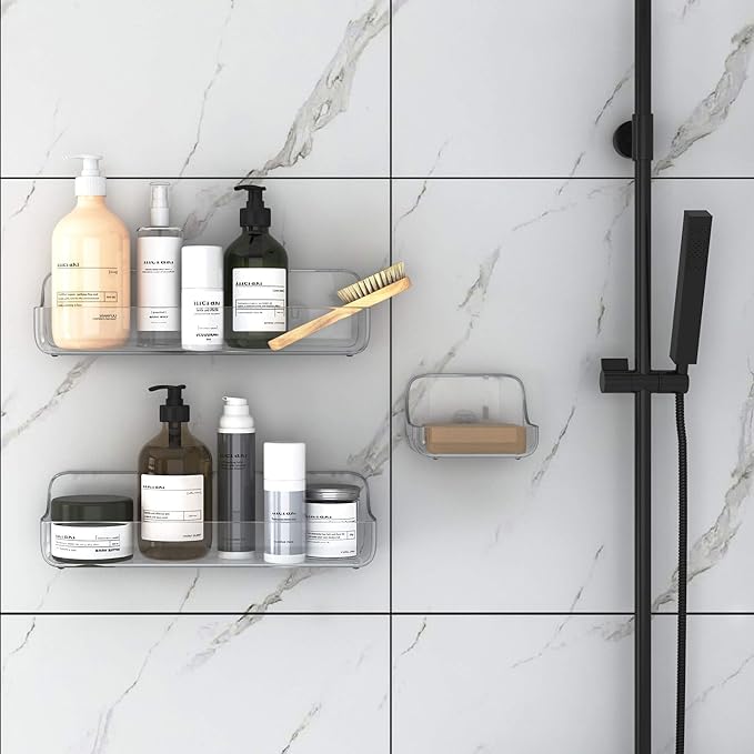 TZAMLI Clear Shower Caddy with Soap Dish, Adhesive Shower Organizer Shelf Plastic Wall Mounted No Drilling Shelves for Bathroom Kitchen Storage, 3 Pack