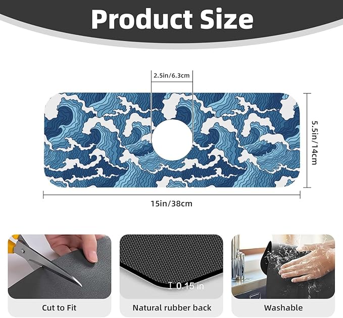 The Great Wave Off Kanagawa Japanese Blue White Kitchen Sink Splash Guard Faucet Mat 1 Pcs, Absorbent Fast Drying Mat Gadgets Splash Guard For Bathroom 15 X 5.5 Inches