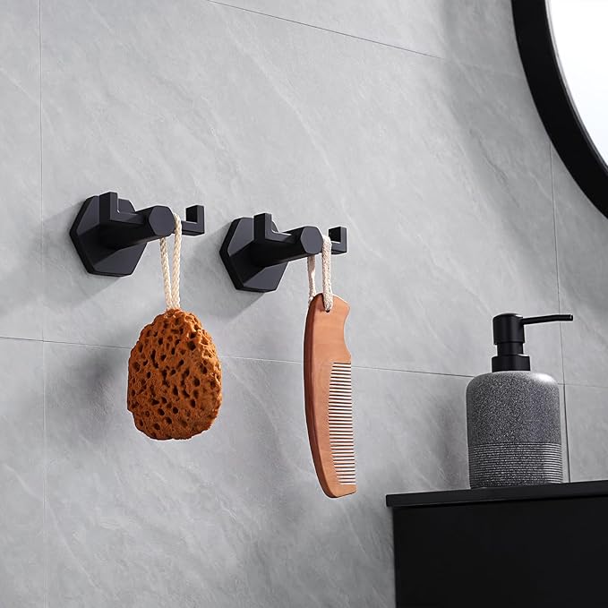 GERZWY Matte Black Coat/Robe Clothes Hook for Bath Kitchen Modern Hotel Style, Stainless Steel Bathroom Double Towel Hook Wall Mounted 2 Pack