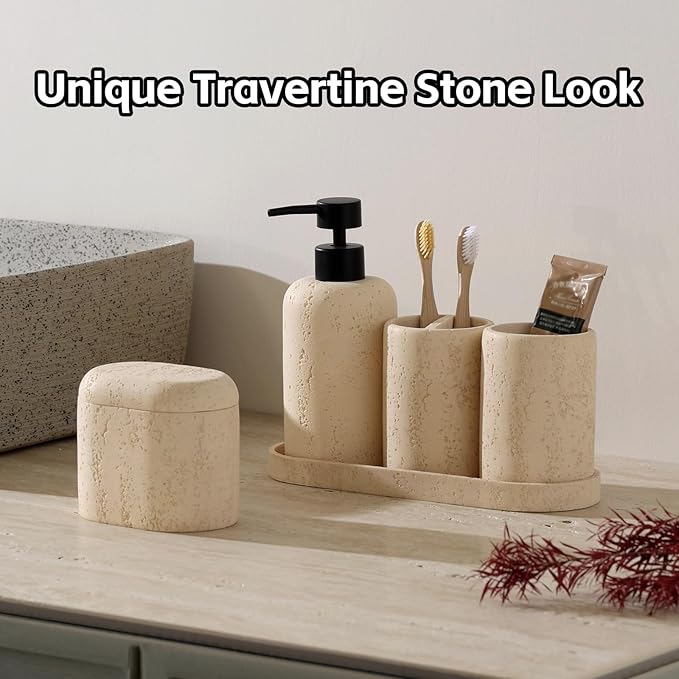 Bathroom Accessories Set, Travertine Stone-Look, 5 PCS Bathroom Accessory Set with 13.53 OZ Soap Dispenser, Toothbrush Holder, Tumbler, Vanity Tray, Cotton Swab Jars for Countertop (Yellow)