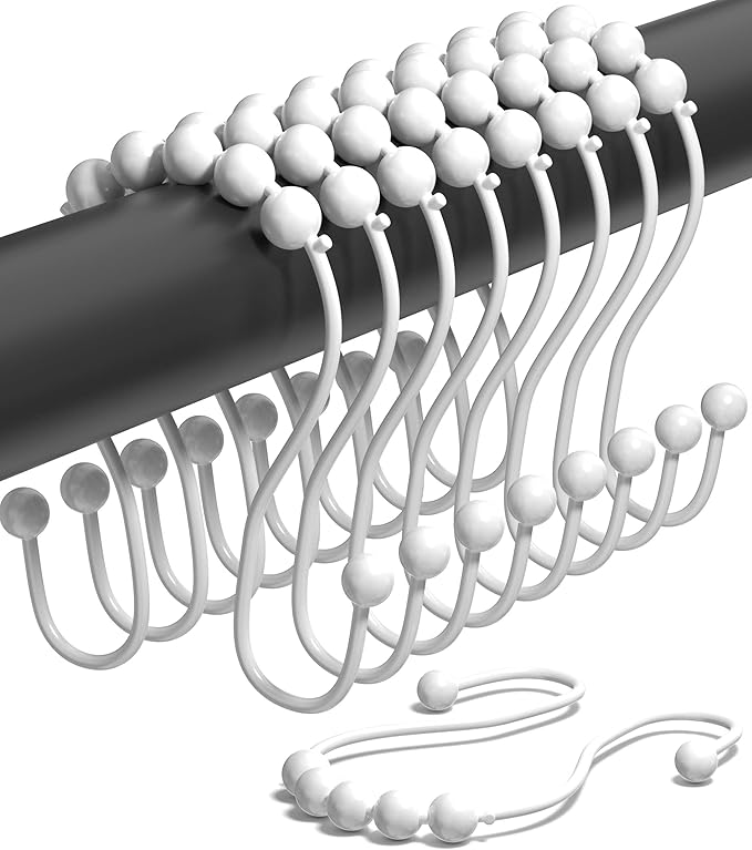 Shower Curtain Hooks Rust Proof (Set of 12) - Stainless Steel Shower Curtain Rings - Anti Slip Roller Balls for Easy Glide (Omega Double Hooks, White)
