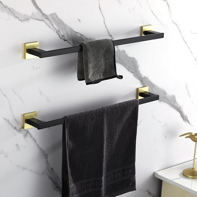 LANC 32-Inche Long Towel Bars for Bathroom Wall Mounted Matte Black and Gold Bath Towel Racks Stainless Steel Towel Rod for Bathroom Kitchen Single Towel Holder Towel Hanger, 2 Pack A9010GK-L8P2