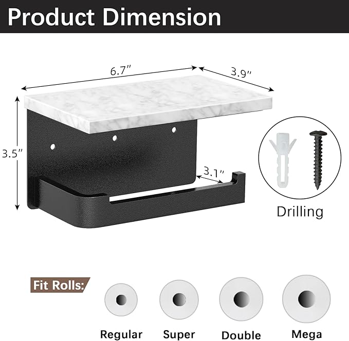 Toilet Paper Holder with Shelf, Extended Base Wall Mounted, Marble Toilet Roll Holder Black for Bathroom Washroom