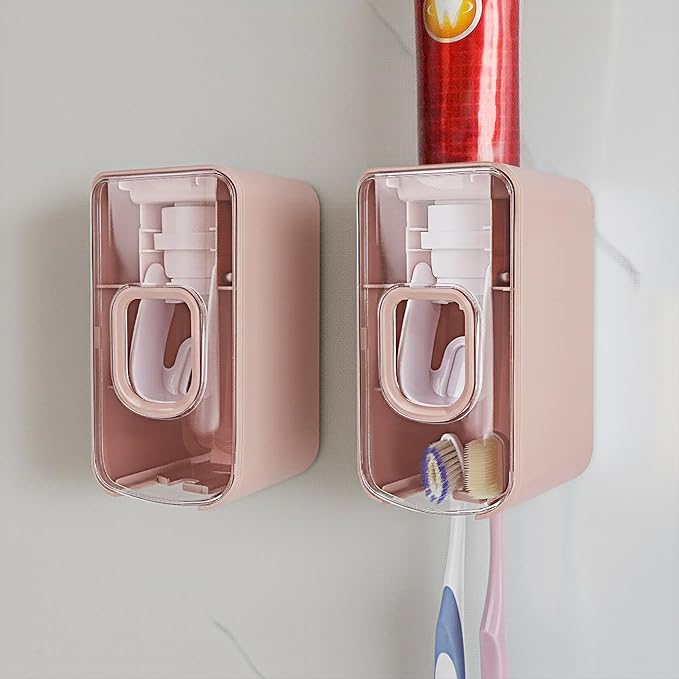 2 Slot Toothbrush Holder and Toothpaste Dispenser Wall Mounted, Automatic Toothpaste Squeezer, 2 in 1 Tooth Brush Toothpaste Organizer for Shower (Pink 2Pack)