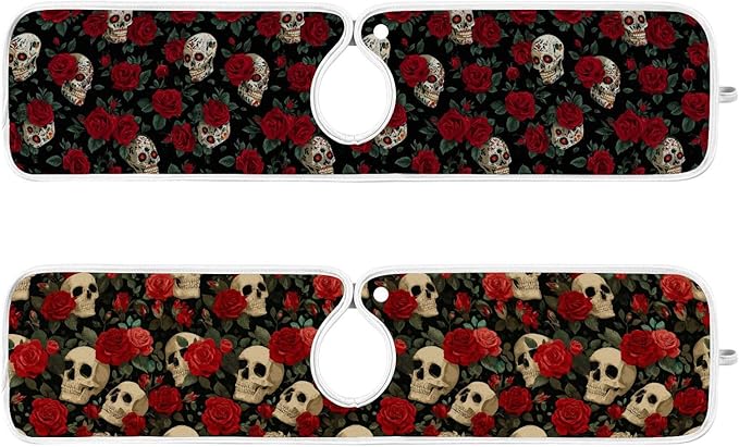 2 PCS Kitchen Sink Splash Guard 23.6 Inch Faucet Mat for Kitchen Sink Bathroom Sink Faucet Absorbing Drip Drain Mat Pad Microfiber Soft Washable Black Mexico Skulls and Red Roses