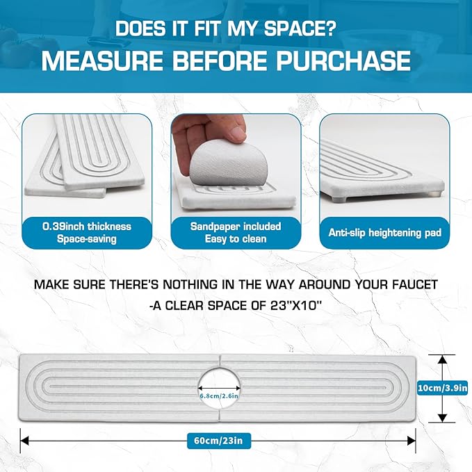 Faucet Mat for Kitchen Sink, Diatomite Quick Drying Tray , Long 23.6'' Kitchen Sink Splash Guard and Bathroom Stone Tray for Counter. Super Absorben. (White-Rectangle, 23.6" x 4")