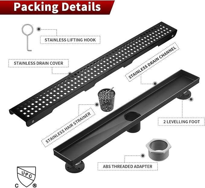 Sharp-tec 36 inch Linear Shower Drain, Black Rectangular Floor Drain, V-Shape Design Drain Channel, 304 Stainless Steel, cUPC Certificated for Bathroom Shower Room (Drain Base is Not Included)