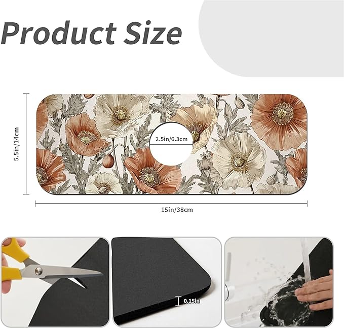 Kitchen Sink Splash Guard，orange and brown poppies Faucet Mat Sink Gadgets-Super Absorbent Fast Drying Mat Drip Catcher for Kitchen, Bathroom,Sink Mat, Dish Drying Mat, Bathroom(15" X 5.5" )