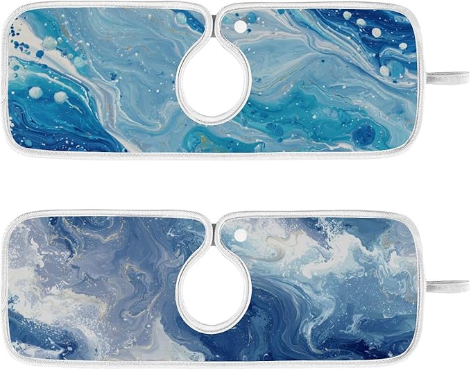 2 PCS Kitchen Sink Splash Guard 14.9 Inch Faucet Mat for Kitchen Sink Bathroom Sink Faucet Absorbing Drip Drain Mat Pad Microfiber Soft Washable Blue Fluid