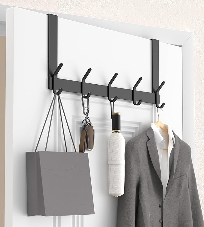 KitchLife Over The Door Hooks Hanger with 7 inches Extended Arms, Fit for 1 3/8" Doors, J18U, Bathroom Towel Rack Organization, Thickened 1 Pack Double Hook, Matte Black