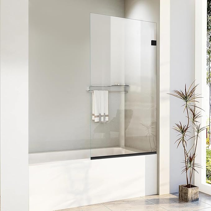 Bathroom Shower Glass Door 36 * 62" - 5/16"(8mm) Thick Clear Tempered Glass Panel, Fixed Hinged Framless Shower Glass Door with Bottom Seal, Matte Black