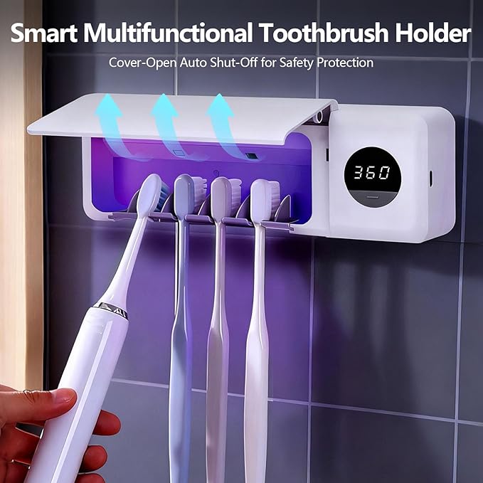 Wall Mounted Toothbrush Holder,UV Toothbrush Holders,No Drilling Wall Mounted Toothbrush Sanitizer Cleaner 4 Slots,Fan Drying Smart & 360s Timer Function for Smart Home Bathroom Accessories.
