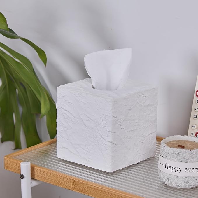 Natural Rock Textures Tissue Box Cover Square for Home Decor, Wild Raw Rocks Resin Heavy Cube Tissue Box Holder for Bathroom Countertop, Tabletop, Night Stand, Office Desk (White)