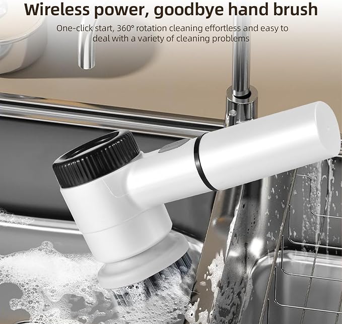 Irishom Electric Spin Scrubber with 5 Brush Heads, 3 Speeds Digital Display Handheld Cleaner for Kitchen, Bathroom, Pot, Pan (White)