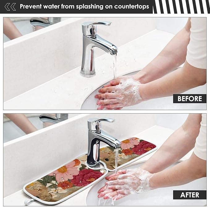 2 PCS Kitchen Sink Splash Guard 23.6 Inch Faucet Mat for Kitchen Sink Bathroom Sink Faucet Absorbing Drip Drain Mat Pad Microfiber Soft Washable Easter Bunny Eggs Flowers Butterfly