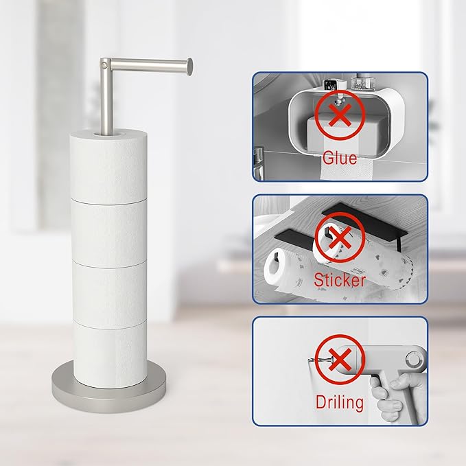 Free Standing Toilet Paper Rack, SUS304 180 Degree Rotatable Tissue Holder with Shelf, Brushed Nickel Bathroom Storage Toilet Roll Stand